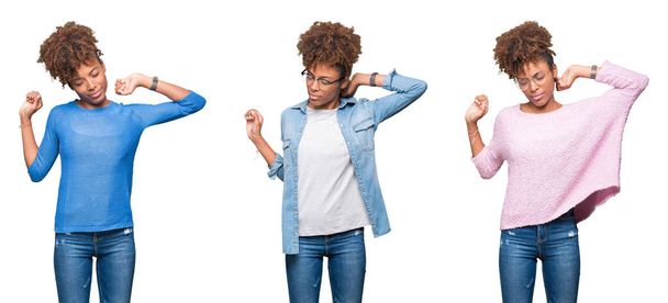 Collage of young beautiful african girl over isolated background stretching back, tired and relaxed, sleepy and yawning for early morning - Fotografie, Obrázek
