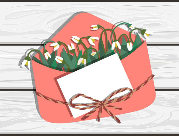 Vector illustration of hand drawn snowdrops in trendy coral envelope with blank message note  - Wektor, obraz