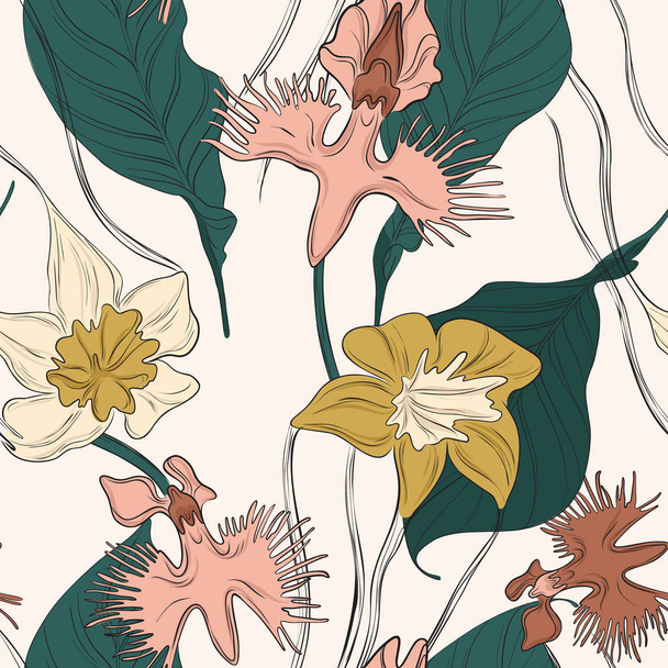 Orchid flower decoration. Nature blossom floral pattern. Romantic garden bloom fabric print. Bouquet pretty summer petal repetition texture. Home Interior  design. - Wektor, obraz