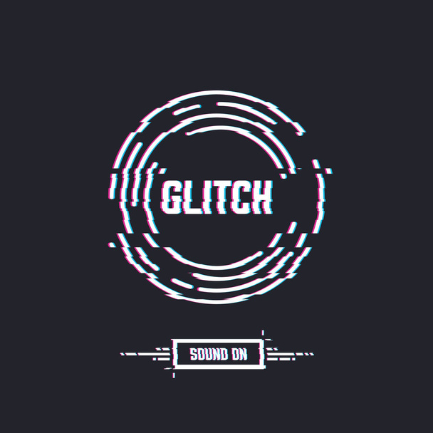 Glitch circles with text, stereo effect and distortion. Emblem of vinyl record or CD circle. DJ or retro party with music. Music label logo. Trendy glitch line style vector illustration. - Вектор, зображення