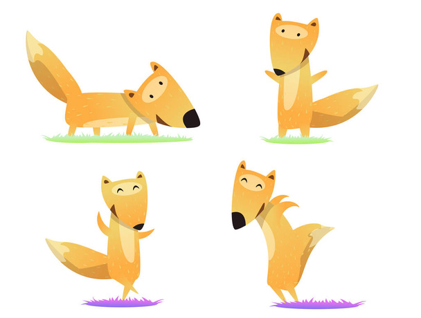 Vector set of cartoon funny foxes isolated on white background. Cute, funny animals, fox character doing various actions used for magazine, book, poster, card, web pages. Vector illustration - Vector, Image