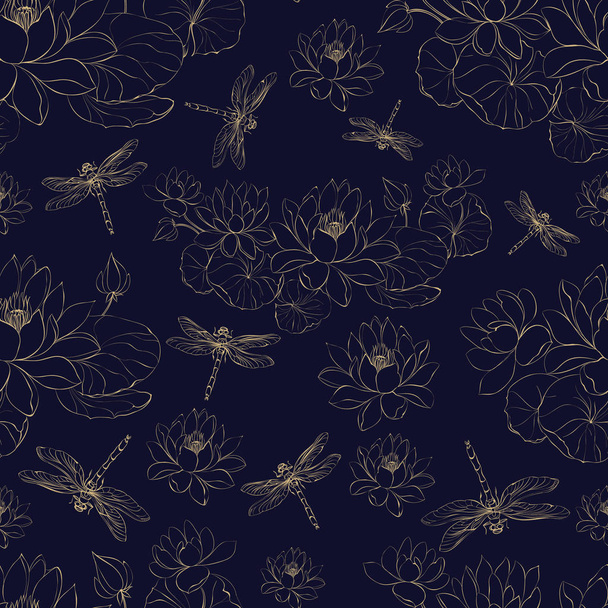 Seamless pattern lotus flower and dragonfly - Vector, Image