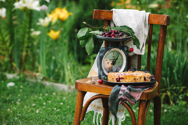 Homemade cherry pie on a wooden chair in the garden - Фото, зображення
