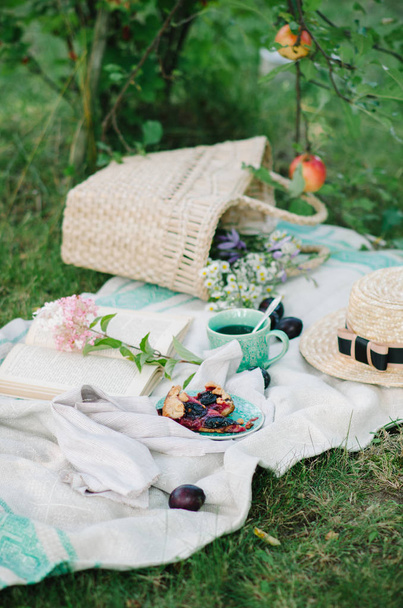 Picnic wicker basket with food on on the grass. Picnic concept. - Photo, image