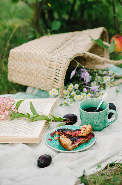 Picnic wicker basket with food on on the grass. Picnic concept. - Фото, изображение