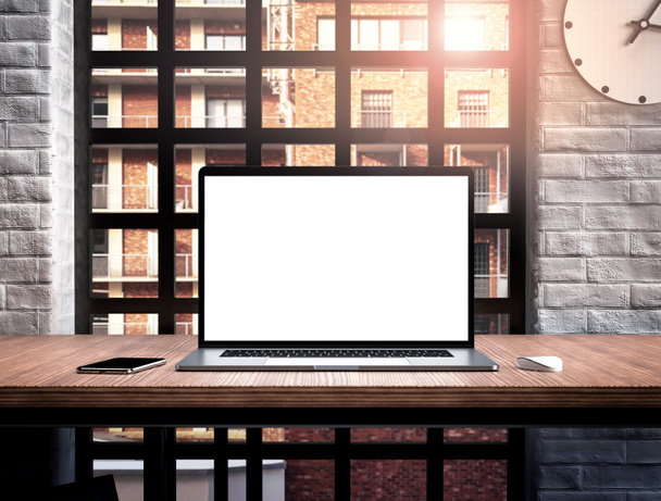 Laptop in office interior blank screen mockup template - Photo, Image