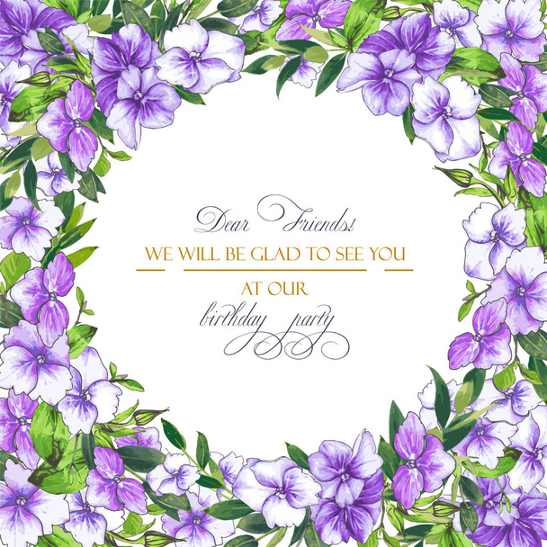 Fondo floral vectorial con hortensias para invitación a la boda, plantilla de saludo en colores violeta y lila. Marco con hermosas flores, composición de hortensias y hojas
. - Vector, Imagen
