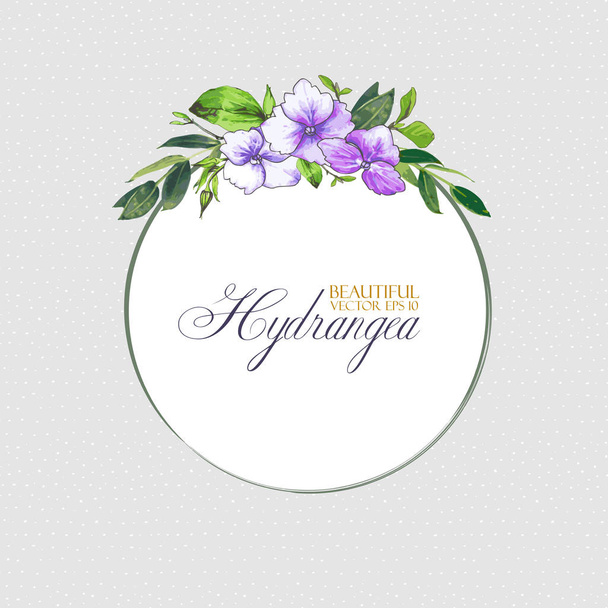 Fondo floral vectorial con hortensias para invitación a la boda, plantilla de saludo en colores violeta y lila. Marco redondo con hermosas flores, composición de hortensias y hojas
. - Vector, Imagen