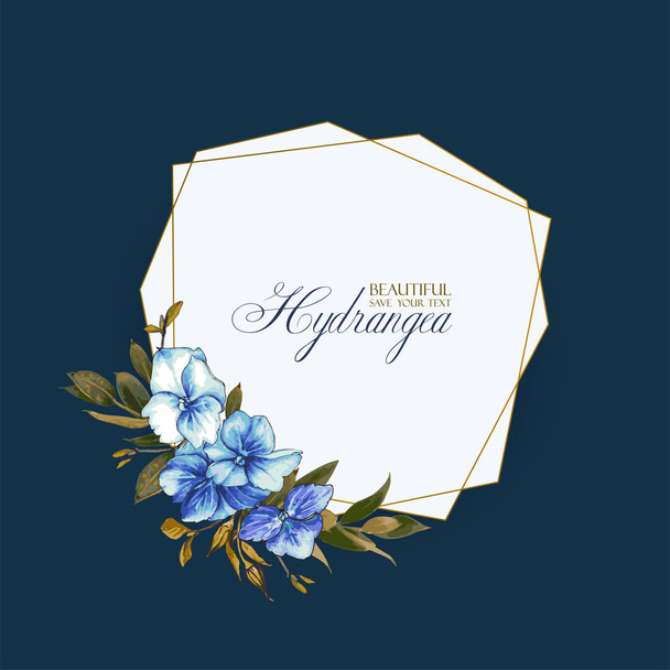 結婚式招待状、青い、黄土色色のテンプレートを挨拶のアジサイと花のベクトルの背景。美しい花、アジサイと葉の組成を持つ幾何学的なフレーム. - ベクター画像