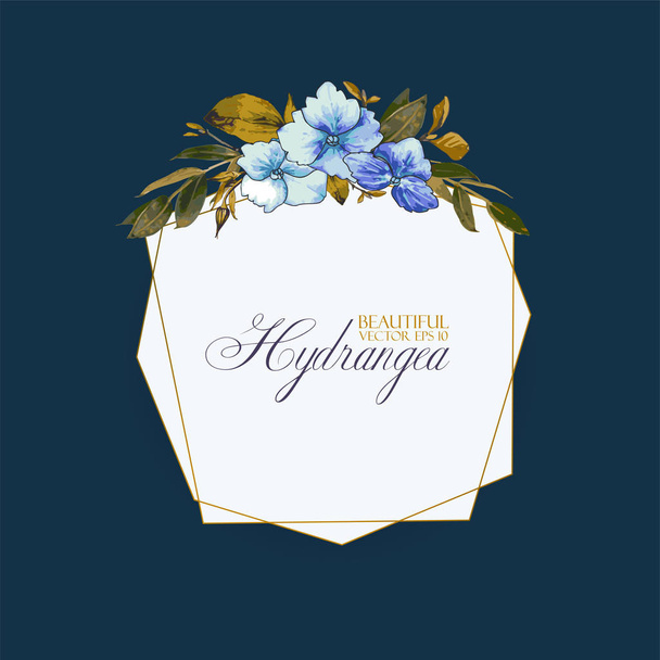 Fondo floral vectorial con hortensias para invitación a la boda, plantilla de saludo en colores azul y ocre. Marco geométrico con hermosas flores, composición de hortensias y hojas
. - Vector, Imagen