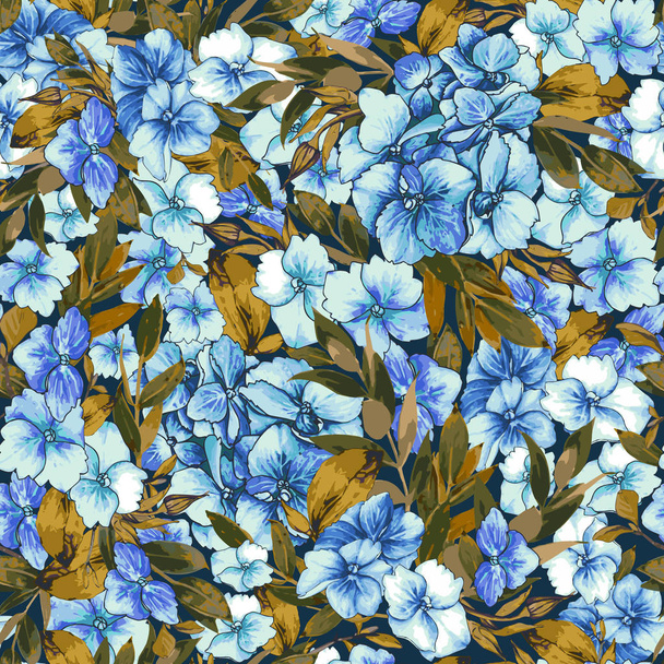 Vector seamless pattern, blooming blue hydrangea and ocher foliage. Illustration with floral composition on a dark background. Use in textiles, interior, wrapping paper and other design. - Vektor, kép