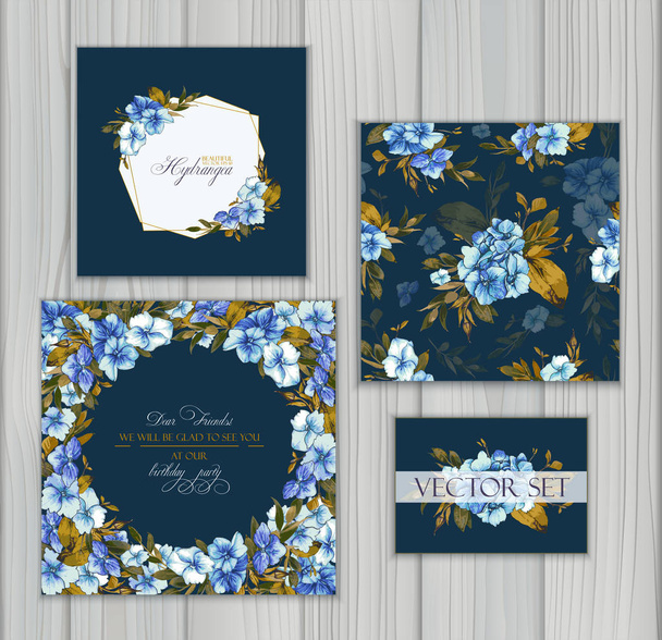 Set of vector templates for greetings or invitations to the wedding and one seamless pattern with blue hydrangea. Invitation card, frame and floral elements for creative own design. - Vector, Image