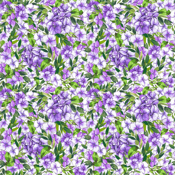 Patrón sin costura vectorial, floreciendo púrpura, hortensia violeta y follaje verde. Ilustración con composición floral sobre fondo blanco. Uso en textiles, interiores, papel de embalaje y otros diseños
. - Vector, Imagen