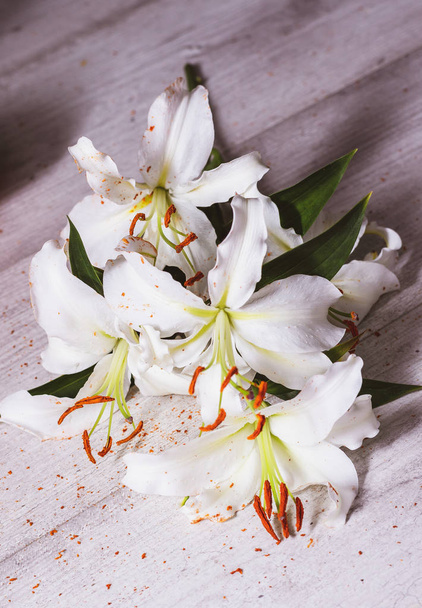Csokor fehér liliom és a virágpor, a háttérben a padló - Fotó, kép