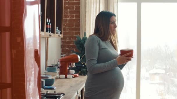 Adult pregnant woman drinks in the kitchen from a red cup - Materiał filmowy, wideo