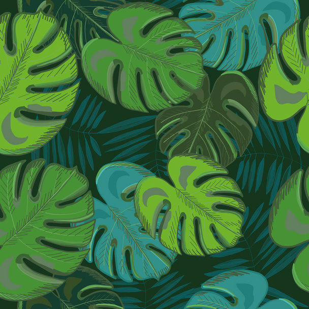 Tropical palm and monstera leaves. Jungle green leaf. Seamless tropic summer pattern - Vector, Image