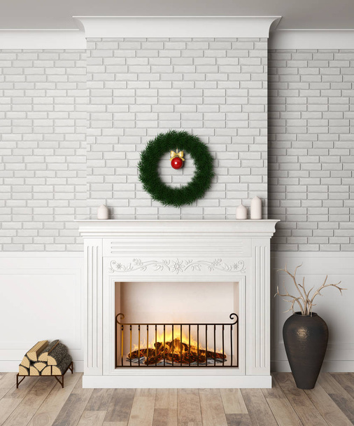 Burning fireplace in classic beautiful interior. Christmas wreath and candles. White brick wall and wooden parquet. 3d rendering. - Valokuva, kuva