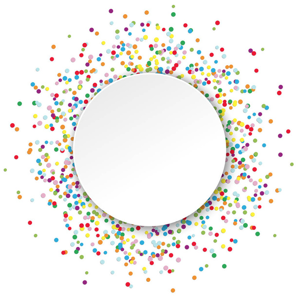 colored confetti behind empty round frame for party or carnival greetings on white background - Vetor, Imagem