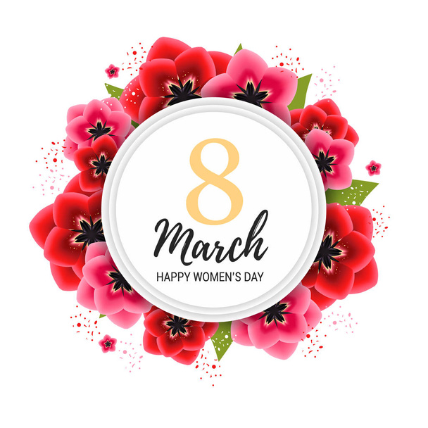 8 maart achtergrond met rode en roze tulp bloemen. Realistische bloemen krans. Gelukkig vrouwen dag bloemen kaart ontwerp vectorillustratie - Vector, afbeelding