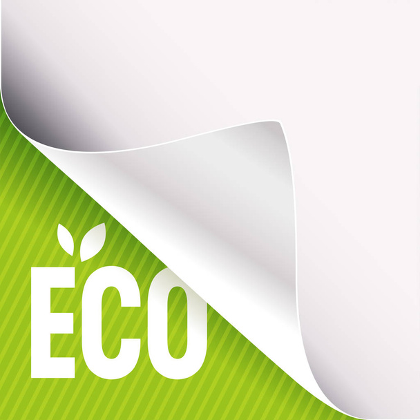 Curled corner of white paper on a green left bottom angle background. Eco slogan sign with leaves. Vector illustration. - Vector, Image