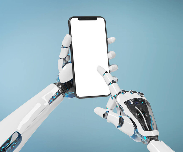 Robot bianco mano tenendo moderno smartphone mockup su sfondo blu rendering 3d
 - Foto, immagini