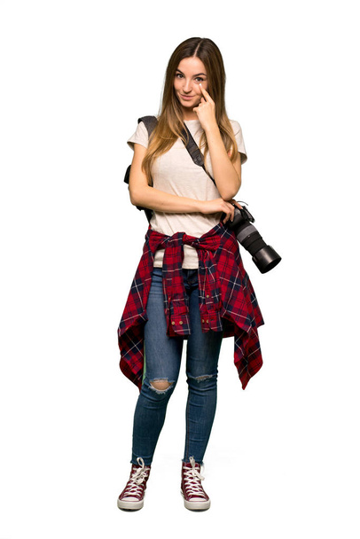 Full body Young photographer woman looking to the front on isolated background - Photo, Image