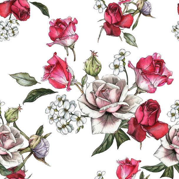 Floral seamless pattern with watercolor roses and jasmine  - Fotoğraf, Görsel