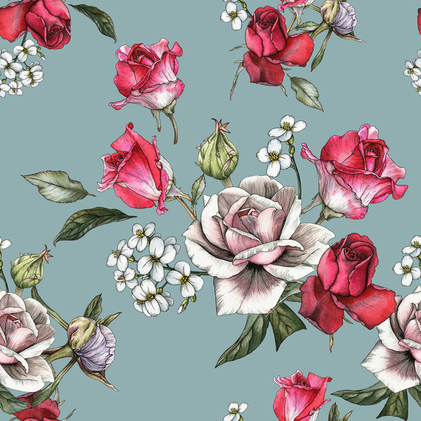 Floral seamless pattern with watercolor roses and jasmine  - Foto, afbeelding