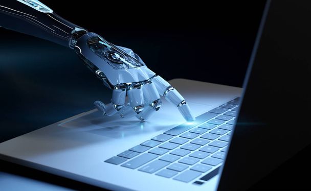 Cyborg hand pressing a keyboard on a laptop in dark blue background 3D rendering - Фото, зображення