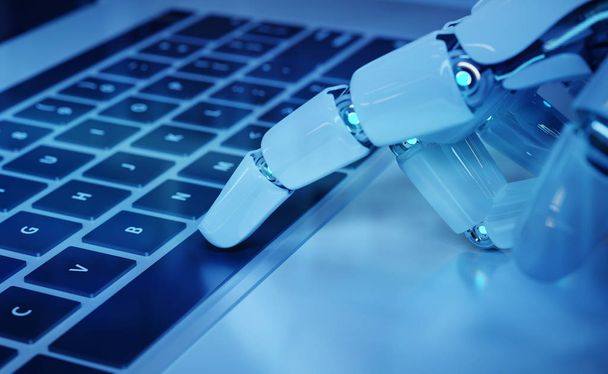 Cyborg hand pressing a keyboard on a laptop in dark blue background 3D rendering - Фото, зображення