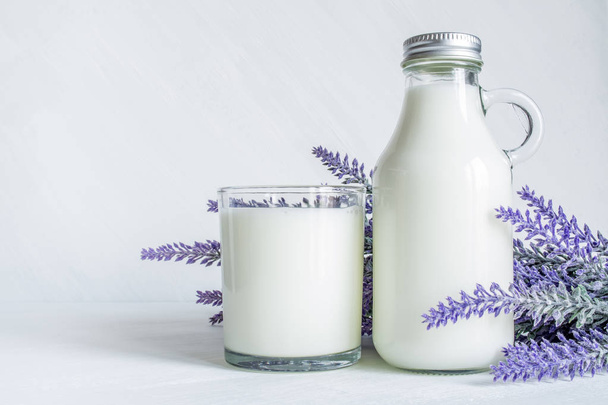 Vintage glass bottle with milk, glass of milk and a branch of lavender flowers on a white vintage background - Photo, image
