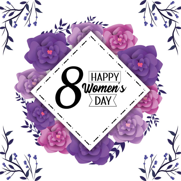 diamond emblem with roses and leaves to womens day vector illustration - Vector, Image