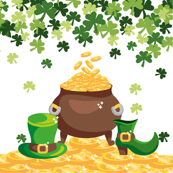 gold coins inside cauldron with st patrick hat and boot vector illustration - Vector, Image