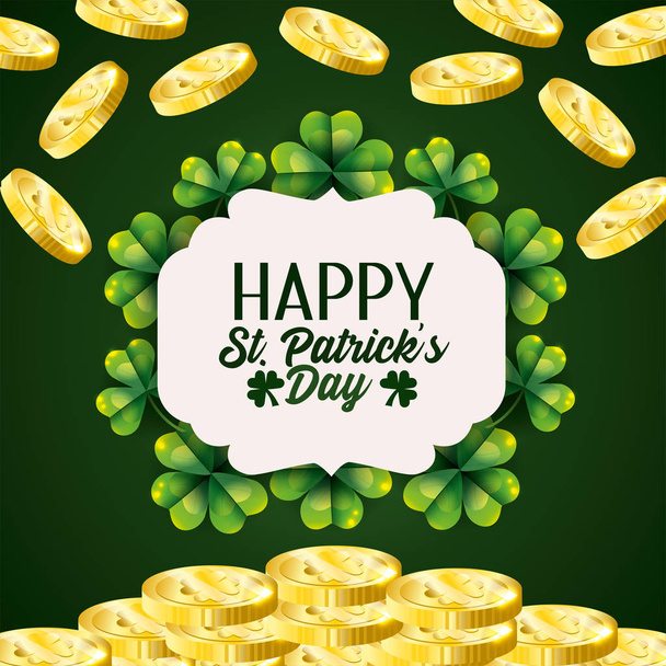 label with clovers and coins to st patrick celebration vector illustration - Vector, afbeelding