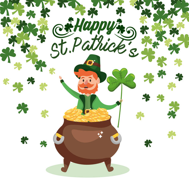 happy st patrick man in the gold coins inside cauldorn and clovers vector illustration - Vector, Image
