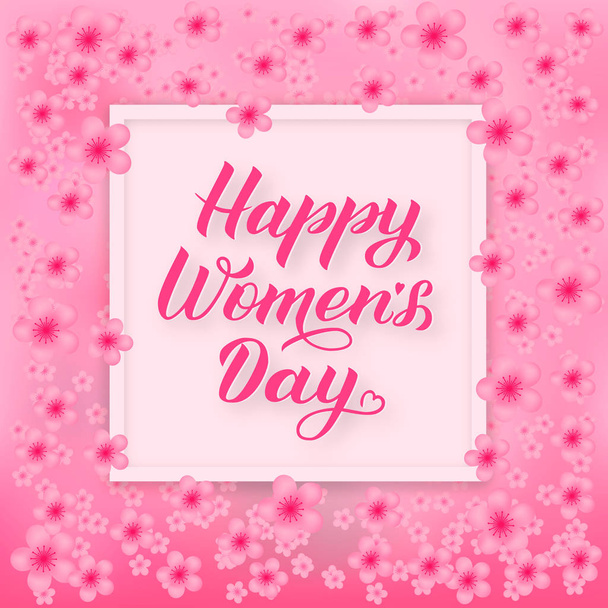 Happy Womens Day calligraphy lettering on soft pink background with spring flowers. Easy to edit template for party invitations, greeting cards, etc. International womans day vector illustration - Wektor, obraz