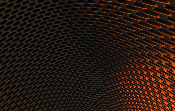 Parrilla de malla metálica. Fondo de representación 3d abstracto en alta resolución. 3d renderizado de rejilla de carbono negro con luz naranja
. - Foto, imagen