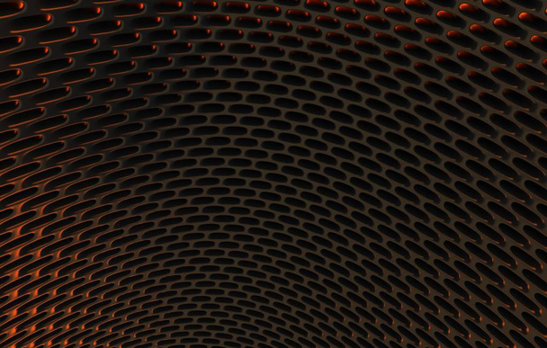 Parrilla de malla metálica. Fondo de representación 3d abstracto en alta resolución. 3d renderizado de rejilla de carbono negro con luz naranja
. - Foto, Imagen