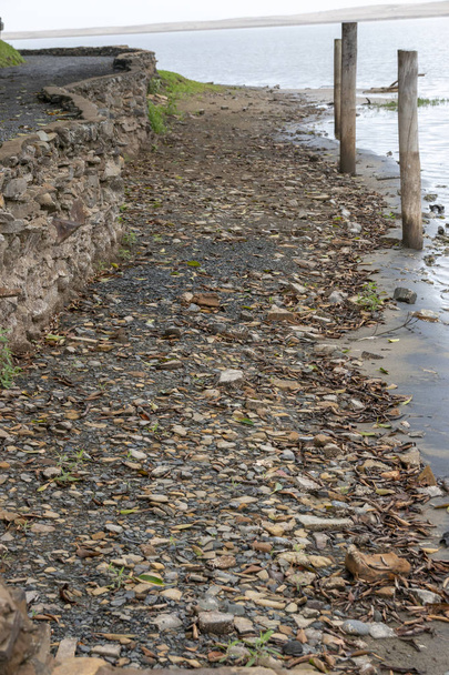 A clsoe up view of a rocky pathway next to a river bank  - Photo, Image