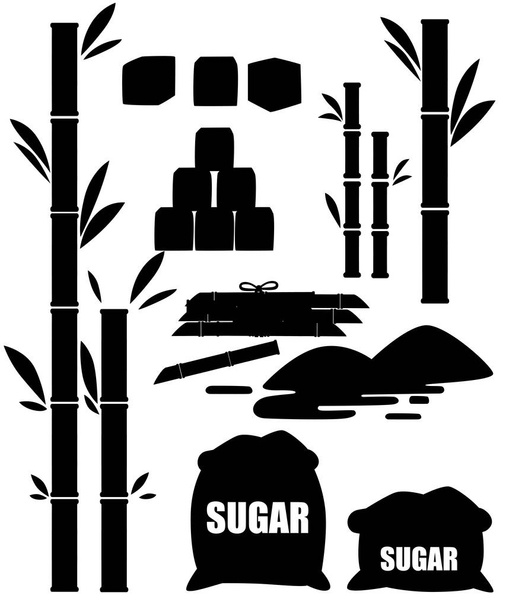 Μαύρη σιλουέτα. Καλλιέργειες ζάχαρης φυτών. Ζαχαροκάλαμο με φύλλα. Ζάχαρη σε σακούλες με κουρέλια. Συστατικό για γλυκό φαγητό και επιδόρπιο. Επίπεδη απεικόνιση που απομονώνεται σε λευκό φόντο. - Διάνυσμα, εικόνα