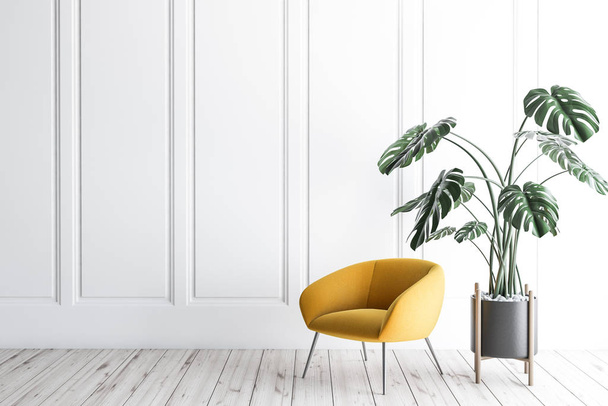 Interior of minimalistic living room with white walls, wooden floor, and soft yellow armchair standing near big potted plant. 3d rendering - Photo, Image