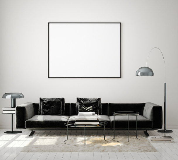 modellare cornice poster in moderno sfondo interno, soggiorno, stile scandinavo, rendering 3D, illustrazione 3D - Foto, immagini
