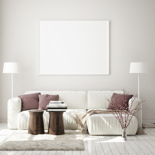 model poster frame in moderne interieur achtergrond, woonkamer, Scandinavische stijl, 3D render, 3D illustratie - Foto, afbeelding