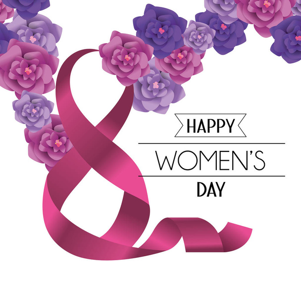 Gelukkig womens dag met rozen en lint acht decoratie vectorillustratie - Vector, afbeelding