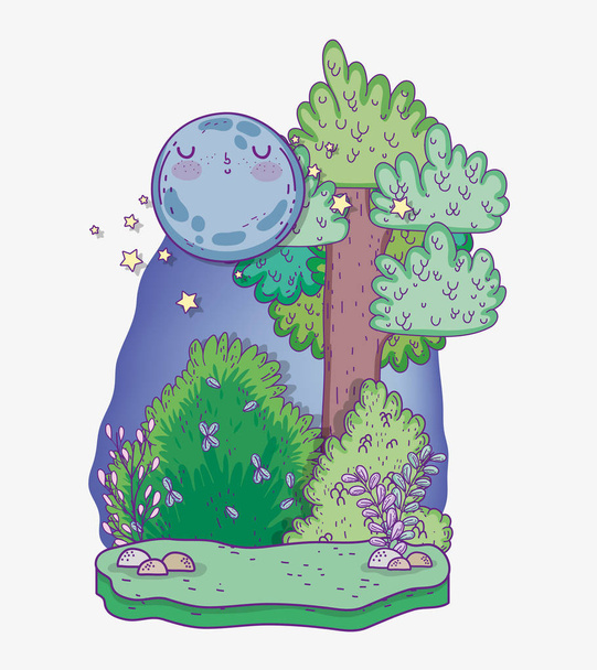 çalılar bitki ve ay vektör çizim ile ağaç doğa - Vektör, Görsel
