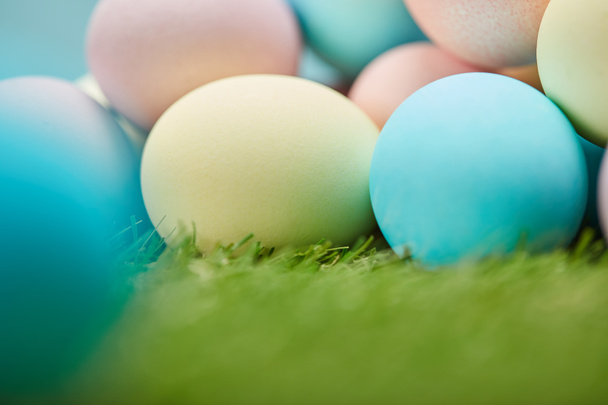 perto de ovos de galinha de Páscoa pintados na grama
 - Foto, Imagem