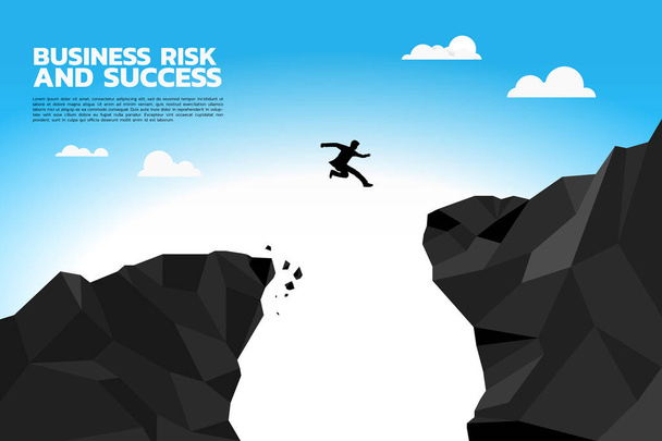 Силуэт бизнесмена перепрыгивает через пропасть на более высокую скалу. Концепция риска и успеха в бизнесе
 - Вектор,изображение