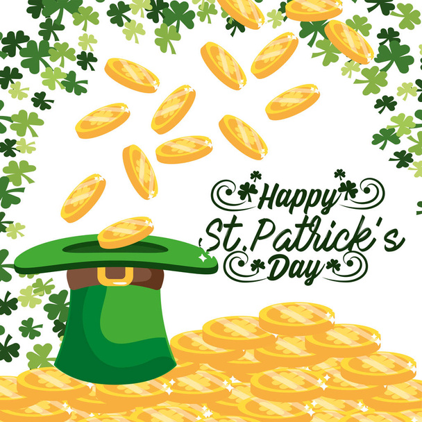 clovers with gold coins inside st patrick hat vector illustration - ベクター画像