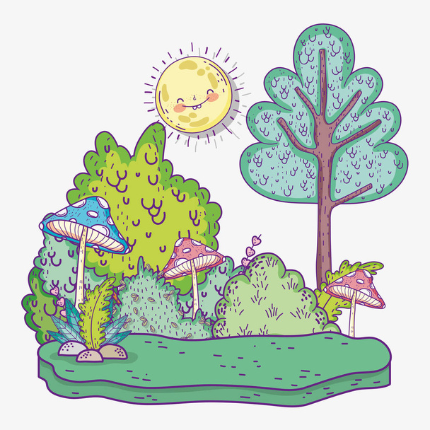 nature bushes plants with tree and sun vector illustration - Vector, Image