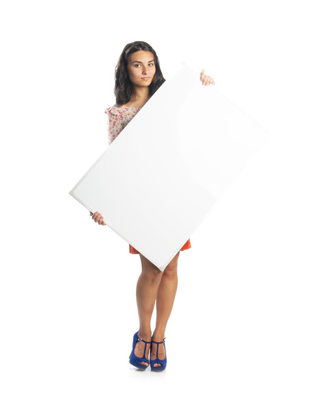 Brunette cute woman with empty board - Valokuva, kuva